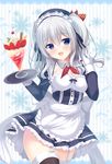  :d alternate_costume apron beret blue_eyes breasts buttons detached_collar enmaided eyebrows eyebrows_visible_through_hair food frills fruit garter_straps gloves hair_between_eyes hat highres ice_cream kantai_collection kashima_(kantai_collection) long_hair long_sleeves looking_at_viewer maid medium_breasts open_mouth parfait silver_hair skirt smile solo strawberry thighhighs tomoo_(tomo) tray twintails waitress wavy_hair white_gloves zettai_ryouiki 