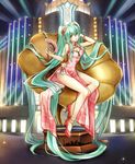  absurdly_long_hair absurdres alternate_costume anklet aqua_eyes aqua_hair bracelet breasts building china_dress chinese_clothes cleavage cleavage_cutout dress egasumi fan flower folding_fan frills full_body hair_flower hair_ornament hair_ribbon hatsune_miku head_tilt high_heels highres holding holding_fan jewelry long_hair looking_at_viewer medium_breasts necklace no_socks oversized_object pearl_bracelet pearl_necklace pelvic_curtain phonograph red_dress red_footwear red_ribbon ribbon shanghai shoes sidelocks sitting skyline sleeveless sleeveless_dress solo sparkle stage_lights syrinxwell311 tassel treble_clef twintails very_long_hair vocaloid 