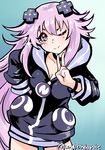  adult_neptune angie_bunnie blush breasts d-pad d-pad_hair_ornament hair_ornament highres hood hooded_track_jacket jacket long_hair looking_at_viewer medium_breasts neptune_(series) one_eye_closed purple_eyes purple_hair smile solo sparkle track_jacket v 