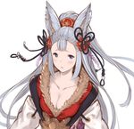  animal_ears blush breasts cleavage collarbone erune fox_ears fur_trim granblue_fantasy hair_ornament half_updo hanarito highres japanese_clothes large_breasts lavender_hair long_hair looking_at_viewer simple_background socie_(granblue_fantasy) solo white_background 