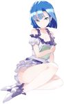  blue_hair blush book idolmaster idolmaster_million_live! legs looking_at_viewer nanao_yuriko shoohee short_hair sketch smile solo yellow_eyes 