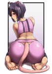  1girl animal_ears ass back bare_shoulders barefoot black_hair border borrowed_character bra commentary dellu_(geenymous) english_commentary feet flat_chest from_behind highres huge_ass looking_at_viewer looking_back midriff mouse_ears mouse_girl mouse_tail narrow_waist original outside_border packge purple_bra purple_eyes purple_shorts short_hair short_shorts shorts soles sports_bra tail tail_cutout underwear wide_hips 