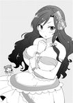  between_breasts blush bow bracelet braid breasts double_bun dress greyscale groping_motion hair_bow idolmaster idolmaster_cinderella_girls jewelry large_breasts long_hair mizushima_aru monochrome mukai_takumi multiple_girls munakata_atsumi parted_lips short_hair solo_focus strapless strapless_dress 