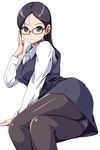  adjusting_eyewear black_hair black_legwear blush crossed_legs glasses highres long_hair looking_at_viewer matsunaga_kouyou office_lady original panties panties_under_pantyhose pantyhose parted_lips simple_background solo underwear 