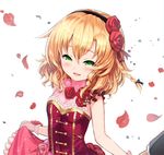  blonde_hair blush breasts chromatic_aberration dress flower gloves green_eyes hair_ornament hairband highres idolmaster idolmaster_cinderella_girls lolita_hairband looking_at_viewer matanonki open_mouth petals pink_gloves red_dress sakurai_momoka short_hair sleeveless sleeveless_dress small_breasts smile solo 