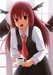  :d backlighting bat_wings blush collared_shirt commentary_request cup dress_shirt hasu_(lausdys) head_wings highres holding koakuma leaning_forward long_hair long_sleeves looking_at_viewer necktie open_mouth red_eyes red_hair red_neckwear saucer shirt skirt skirt_set smile solo teacup touhou vest white_shirt window wings 
