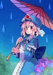  anarogumaaa flower hat hydrangea japanese_clothes kimono mob_cap oriental_umbrella pink_eyes pink_hair rain saigyouji_yuyuko solo touhou triangular_headpiece umbrella 