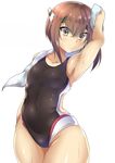  arm_up armpits black_swimsuit breasts brown_eyes brown_hair collarbone competition_swimsuit hair_between_eyes headband headgear kantai_collection looking_at_viewer one-piece_swimsuit saintshiro short_hair simple_background small_breasts solo swimsuit taihou_(kantai_collection) thighs towel wet white_background 
