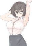  armpits arms_up black_eyes black_hair blush bra breasts commentary_request glasses highres large_breasts looking_at_viewer makabe_gorou messy_hair mole mole_under_eye open_mouth original pencil_skirt see-through shirt short_hair skirt sleeveless sleeveless_shirt solo sweat underwear white_bra 
