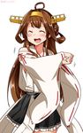  ^_^ ahoge baker_at_bat bare_shoulders blush brown_hair closed_eyes collarbone commentary cowboy_shot detached_sleeves double_bun headgear jpeg_artifacts kantai_collection kongou_(kantai_collection) long_hair motion_lines new_horizon nontraditional_miko open_mouth parody ribbon-trimmed_sleeves ribbon_trim simple_background skirt smile solo twitter_username white_background wide_sleeves yuuki_hb 