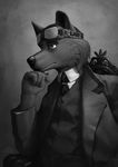  2015 anthro canine chair clothed clothing dog eyewear goggles looking_away male mammal monochrome necktie shirt simple_background sitting solo stucat suit victorian 