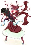  boots dress flower_knight_girl full_body hair_over_one_eye halsort hat highres looking_at_viewer red_eyes red_footwear red_hair red_scarf scarf scroll shawl short_hair solo standing waremokou_(flower_knight_girl) white_background white_dress 