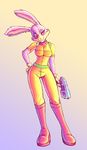  clothing female fur gun lagomorph looking_at_viewer lucy_hare mammal nintendo pink_fur rabbit ranged_weapon shiroiwolf smile solo standing star_fox tight_clothing video_games weapon 