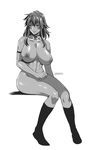  blush breasts character_request copyright_request dark_skin greyscale highres invisible_chair large_breasts long_hair monochrome navel nipples nude sitting solo yajiro_masaru 