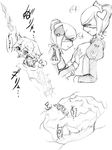  3girls blindfold camel_(dansen) chrono_(camel) clenched_teeth female heart inside_creature maid maid_headdress monochrome monocle multiple_girls original sketch spade torn_clothes trump_maid_(camel) vore 