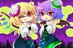  aori_(splatoon) aori_(splatoon)_(cosplay) bare_shoulders bat_wings black_dress blonde_hair cosplay detached_collar domino_mask dress fang flandre_scarlet food food_on_head gloves green_legwear hat hotaru_(splatoon) hotaru_(splatoon)_(cosplay) looking_at_viewer mask mole mole_under_eye multiple_girls object_on_head one_eye_closed pantyhose parody purple_eyes purple_hair red_eyes remilia_scarlet saya_(samuraisimai) short_hair short_jumpsuit smile splatoon_(series) splatoon_2 strapless touhou triangle_mouth white_gloves wings 