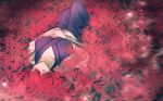  breasts cleavage closed_eyes collarbone flower knee_up large_breasts lying on_back onozuka_komachi red_hair sketch sleeping solo spider_lily touhou yurinotubomi 