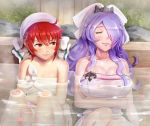  2girls ahoge bare_shoulders bathing blush breast_envy breasts camilla_(fire_emblem_if) cleavage closed_mouth collarbone commentary_request eyes_closed fire_emblem fire_emblem_heroes fire_emblem_if gonzarez hair_between_eyes hair_ornament hair_over_one_eye highres hinoka_(fire_emblem_if) jealous large_breasts long_hair looking_at_breasts multiple_girls nintendo onsen parted_lips purple_hair red_eyes red_hair short_hair sitting small_breasts teeth towel towel_on_head water 