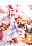  :t absurdres ahoge bokujuu dress enemy_aircraft_(kantai_collection) hair_ornament hairclip highres horns kantai_collection long_hair looking_at_viewer machinery mittens northern_ocean_hime pout red_eyes shinkaisei-kan sitting turret v-shaped_eyebrows white_dress white_hair white_skin 