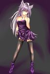  alternate_costume alternate_hair_color animal_ears atalanta_(fate) bare_shoulders black_legwear breasts cat_ears cleavage dress fate/apocrypha fate/grand_order fate_(series) high_heels highres licking long_hair looking_at_viewer purple_dress purple_hair sleeveless solo tongue tongue_out yin_man_tong_xing 