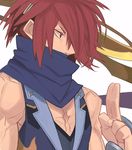  arm_guards bangs bare_shoulders chest colored_eyelashes covered_mouth from_side gunslinger_stratos hair_ornament hair_over_one_eye hairpin kuji-in kusakage_ryou looking_to_the_side male_focus ninja profile red_eyes red_hair scarf scarf_over_mouth serious simple_background solo toned toned_male vest white_background yuuki_(irodo_rhythm) 