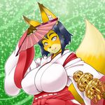  abstract_background bell big_breasts black_hair breasts canine clothing concon-collector female folding_fan fox hair japanese_clothing mammal no3512 shrine_maiden solo 