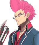  &gt;:( black-framed_eyewear blazer buckle from_side frown glasses gun gunblade gunslinger_stratos jacket katagiri_kyouma looking_to_the_side male_focus open_blazer open_clothes open_jacket pink_eyes pink_hair school_uniform serious shirt simple_background solo spiked_hair v-shaped_eyebrows weapon white_background yuuki_(irodo_rhythm) 