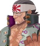  armor bandolier black_hair blue_eyes chest chest_scar clenched_hand closed_mouth collarbone cross_scar facepaint flipped_hair frown gunslinger_stratos hachimaki headband high_collar looking_to_the_side male_focus muscle rakandou_akira rising_sun scar serious sideburns simple_background solo sunburst upper_body war_paint white_background yuuki_(irodo_rhythm) 