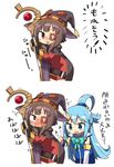  aqua_(konosuba) bare_shoulders belt black_hair blue_dress blue_eyes blue_hair blush cape chibi collar commentary_request detached_sleeves dress eyepatch fingerless_gloves gloves hair_ornament hair_rings hat have_to_pee kanikama kono_subarashii_sekai_ni_shukufuku_wo! long_hair megumin multiple_girls open_mouth red_dress red_eyes short_hair simple_background staff sweat tears translated very_long_hair white_background witch_hat 