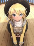  1girl belt blonde_hair blue_eyes blush cowboy_hat hat highres long_sleeves looking_at_viewer midriff navel short_hair solo sonolar summon_night summon_night_3 thighhighs translation_request umino_atari western 