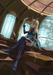  atelier_(series) atelier_shallie ayesha_altugle bare_shoulders blonde_hair blue_gloves book_stack boots crossed_legs gloves highres indoors meow_(jerry) navel paper quill sitting solo yellow_eyes 