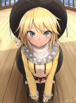  1girl belt blonde_hair blue_eyes blush cowboy_hat hat highres long_sleeves looking_at_viewer midriff navel short_hair solo sonolar summon_night summon_night_3 thighhighs umino_atari western 