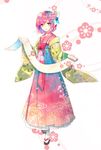  floral_print flower full_body hair_flower hair_ornament hair_ribbon hakama hieda_no_akyuu japanese_clothes kimono layered_clothing looking_at_viewer meiji_schoolgirl_uniform nr_(cmnrr) pink_eyes pink_hair ribbon sandals scroll short_hair smile socks solo standing touhou white_background 