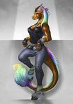  2016 amber_eyes anklet anthro avoid_posting belt bracelet brown_scales clothed clothing digital_media_(artwork) ear_piercing female fingerless_gloves fur gloves gold_fur hooves horn inert-ren iridescent_hair jeans jewelry kirin leaning long_ears looking_at_viewer mane necklace pants piercing portrait scales serine shirt solo tank_top 