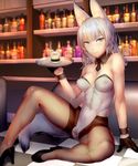  alcohol animal_ears ass bangs bar bare_shoulders black_gloves black_legwear blue_eyes blue_hair blunt_bangs bottle breasts checkered checkered_floor cleavage covered_navel covered_nipples crotch_cutout cup detached_collar drinking_glass fox_ears fox_tail gloves ice ice_cube kageshio_(276006) knee_up leotard long_hair looking_at_viewer medium_breasts necktie original pantyhose playboy_bunny_leotard sekka_(kageshio) sitting smile solo tail torn_clothes torn_legwear tray white_russian_(drink) wrist_cuffs 