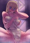  adunba_rell areola_slip areolae between_breasts blonde_hair blue_eyes blush breasts breasts_apart covering darkness_(konosuba) hand_between_breasts hand_on_own_head highres impossible_towel kono_subarashii_sekai_ni_shukufuku_wo! large_breasts long_hair looking_at_viewer naked_towel open_mouth solo spread_legs towel wet 
