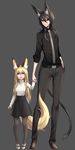 1girl :d age_difference animal_ears bad_id bad_pixiv_id belt black_legwear black_skirt blush cat_ears cat_girl cat_tail fox_ears fox_tail grey_neckwear hand_in_pocket heart highres holding_hands long_hair long_sleeves looking_at_viewer necktie open_mouth original pantyhose sigm@ skirt smile tail turtleneck younger 