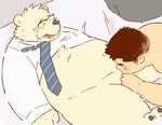  2016 bear bed blush clothing duo eyes_closed eyewear fellatio garousuki glasses handjob human interspecies male male/male mammal navel necktie oral polar_bear sex size_difference slightly_chubby sweat uniform 