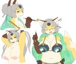  anthro areola big_breasts blush breasts canine clothed clothing concon-collector female fox fur grey_hair hair hair_up hermit_fox_byakudan huge_breasts kemono kyuuri mammal multi_tail navel nipples nude open_mouth pipe puffy_nipples simple_background skimpy smile solo topless yin_yang 