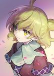  :t ahoge ainy77 bad_id bad_pixiv_id bangs blonde_hair capelet closed_mouth eyelashes from_above gradient gradient_background green_eyes hair_between_eyes half_updo looking_at_viewer mizuhashi_parsee motion_blur petals pointy_ears pout short_hair solo touhou upper_body 