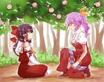  ascot black_hair bow bracelet commentary_request day detached_sleeves dress food fruit hair_bow hair_tubes hakurei_reimu highres indian_style japanese_clothes jewelry miko multiple_girls nature o-ring on_floor one_knee peach ponytail profile puffy_short_sleeves puffy_sleeves purple_hair short_sleeves sitting six_(fnrptal1010) sweat touhou tree watatsuki_no_yorihime 