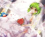  2girls artist_name bison_cangshu blue_hair blush bouquet breasts bridal_veil dress flower garter_straps green_hair highres medium_breasts multiple_girls new_orleans_(zhan_jian_shao_nyu) no_bra petals quincy_(zhan_jian_shao_nyu) thighhighs veil wedding_dress yellow_eyes zhan_jian_shao_nyu 