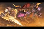  au_ra battle dragoon_(final_fantasy) final_fantasy final_fantasy_xiv glowing glowing_weapon horns ifrit metalhanzo monster paladin_(final_fantasy) shield spear sword 