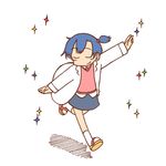  arawi_keiichi blue_hair closed_eyes labcoat nakamura_kana nichijou official_art outstretched_arms sandals side_ponytail simple_background smile solo sparkle spread_arms white_background 