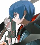  bangs blazer blue_eyes blue_hair drawstring from_side gun gunslinger_stratos holding holding_gun holding_weapon hood hood_down jacket kazasumi_tooru male_focus parted_bangs parted_lips profile serious simple_background solo star trigger_discipline upper_body weapon white_background yuuki_(irodo_rhythm) 