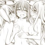  blush breast_grab breasts fff_threesome flower girl_sandwich glasses grabbing greyscale group_sex hair_flower hair_ornament hair_ribbon hand_on_another's_back hand_on_hip heart highres lying monochrome multiple_girls nude ribbon sakura_trick saliva saliva_trail sandwiched sonoda_mitsuki sonoda_yuu sweatdrop takayama_haruka threesome yuri yuriwhale 