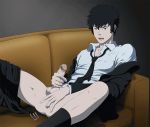  1boy animated animated_gif black_hair couch cum ejaculation erection male_focus masturbation necktie onoro_nyo orgasm penis psycho-pass sitting solo 