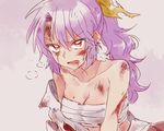  bare_shoulders bow breasts bruise cleavage collarbone commentary_request hair_bow heavy_breathing injury long_hair medium_breasts open_mouth ponytail purple_hair red_eyes sarashi six_(fnrptal1010) solo torn_clothes touhou tsurime upper_body watatsuki_no_yorihime 
