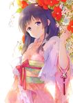  bangs eyebrows_visible_through_hair floral_print flower hair_flower hair_ornament head_tilt japanese_clothes kimono long_hair long_sleeves looking_at_viewer obi original ousaka_nozomi petals purple_eyes purple_hair ribbon-trimmed_sleeves ribbon_trim sash simple_background solo tareme white_background wide_sleeves 