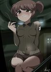  alisa_(girls_und_panzer) blush body_paint bodypaint breasts brown_eyes brown_hair clenched_teeth freckles girls_und_panzer navel nipples nude short_hair small_breasts tears 